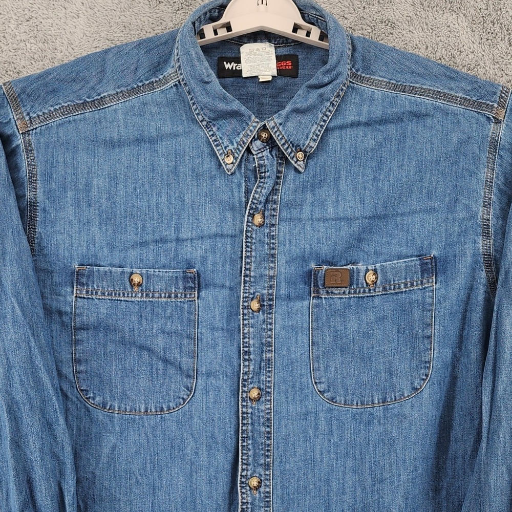 Wrangler Denim Shirt Mens 2XL Blue Riggs Workwear Relaxed Pockets Big & Tall
